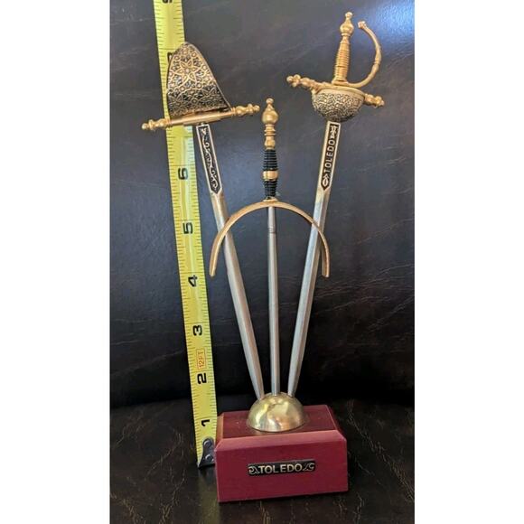 Vintage TOLEDO Spanish Damascene 2 Small Sword Cocktail Picks with Stand - Picture 10 of 11